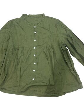 NWT LUXEBOLD Ruffled Pintuck Blouse in Olive Green Large